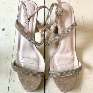 David’s Bridal Sparkly gold and rhinestones block heels size 10